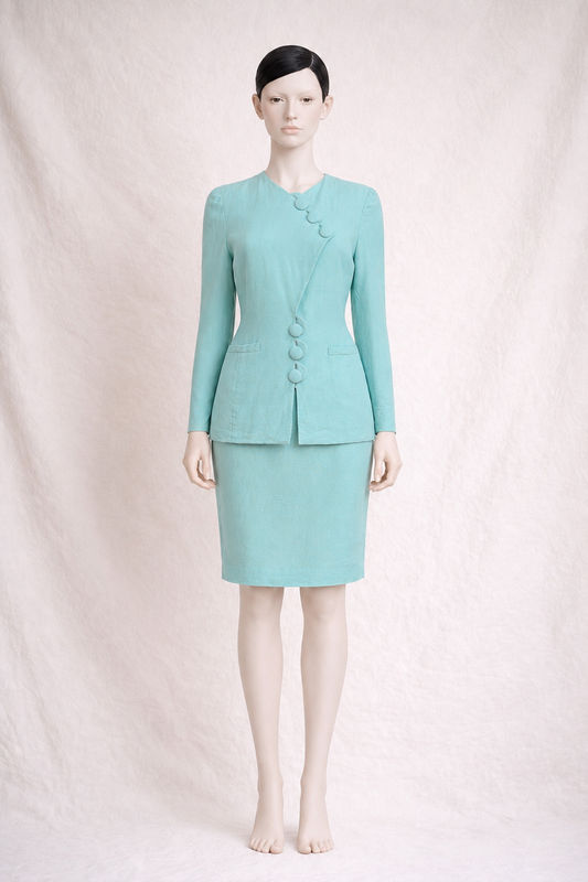Tailleur jupe en lin turquoise Emmanuelle Khanh Paris vintage