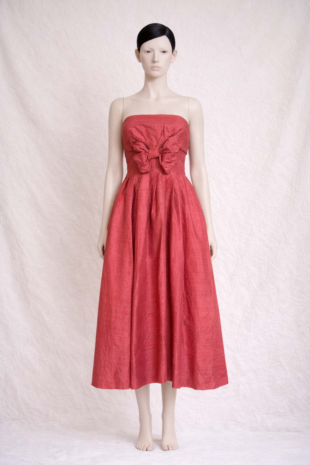 Laura Ashley Robe bustier en soie sauvage rouge avec nœud