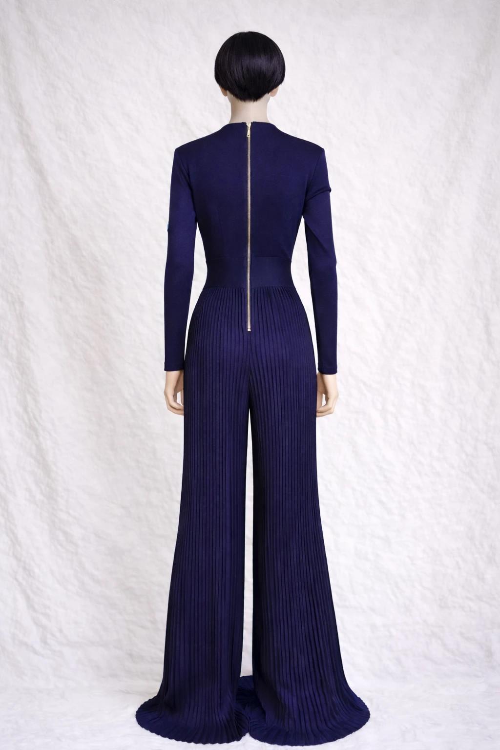 Combinaison longue authentique Balmain en maille côtelée violet marine