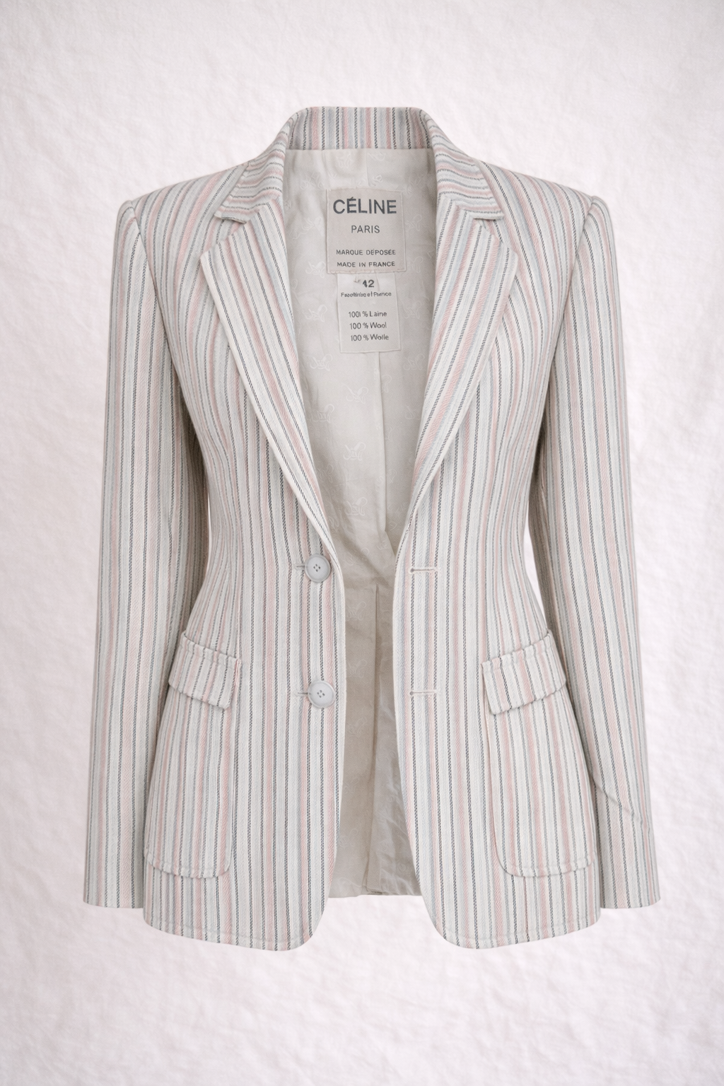 Blazer authentique Céline Paris en laine beige à rayures vintage