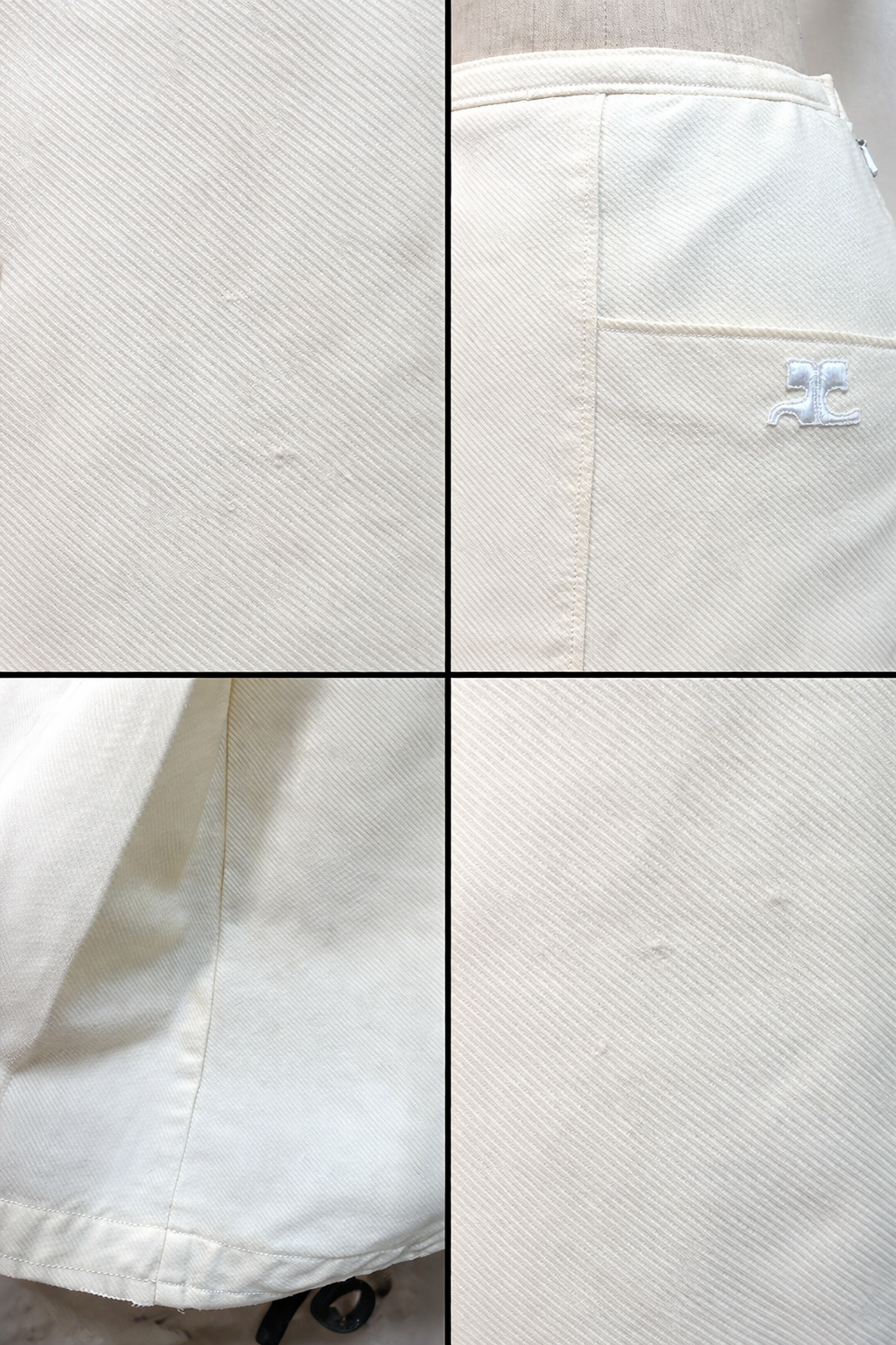 Courrèges Paris – Jupe trapèze en laine écrue logo brodé circa années 1990
