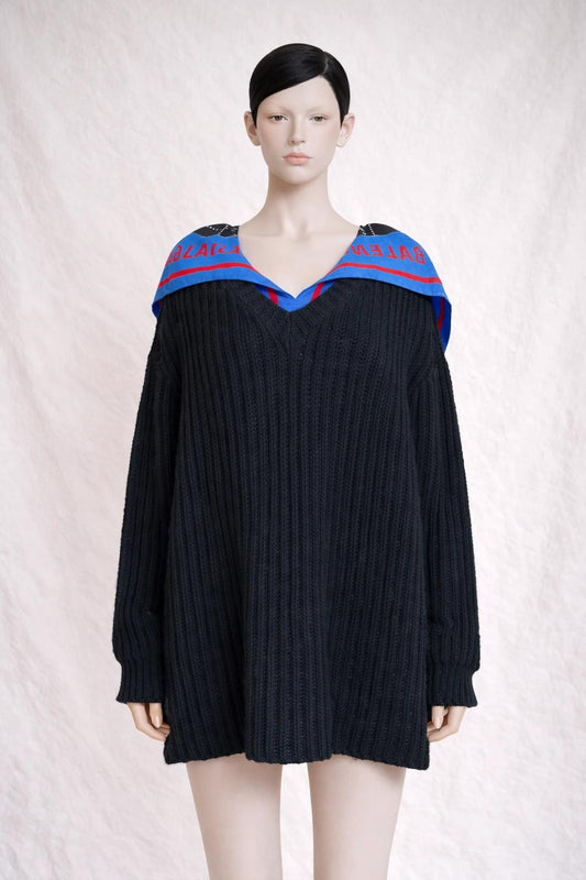 Balenciaga oversized black virgin wool sweater with integrated silk scarf
