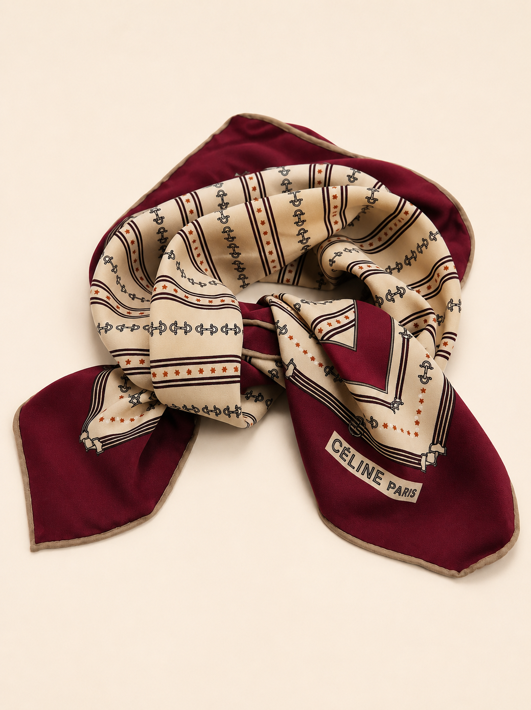 Foulard en soie Céline vintage authentique bordeaux et crème