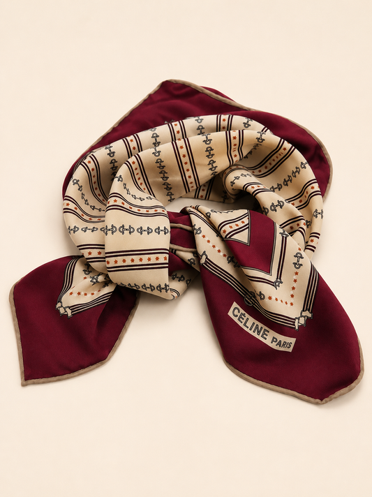 Authentic vintage Céline silk scarf in burgundy and cream