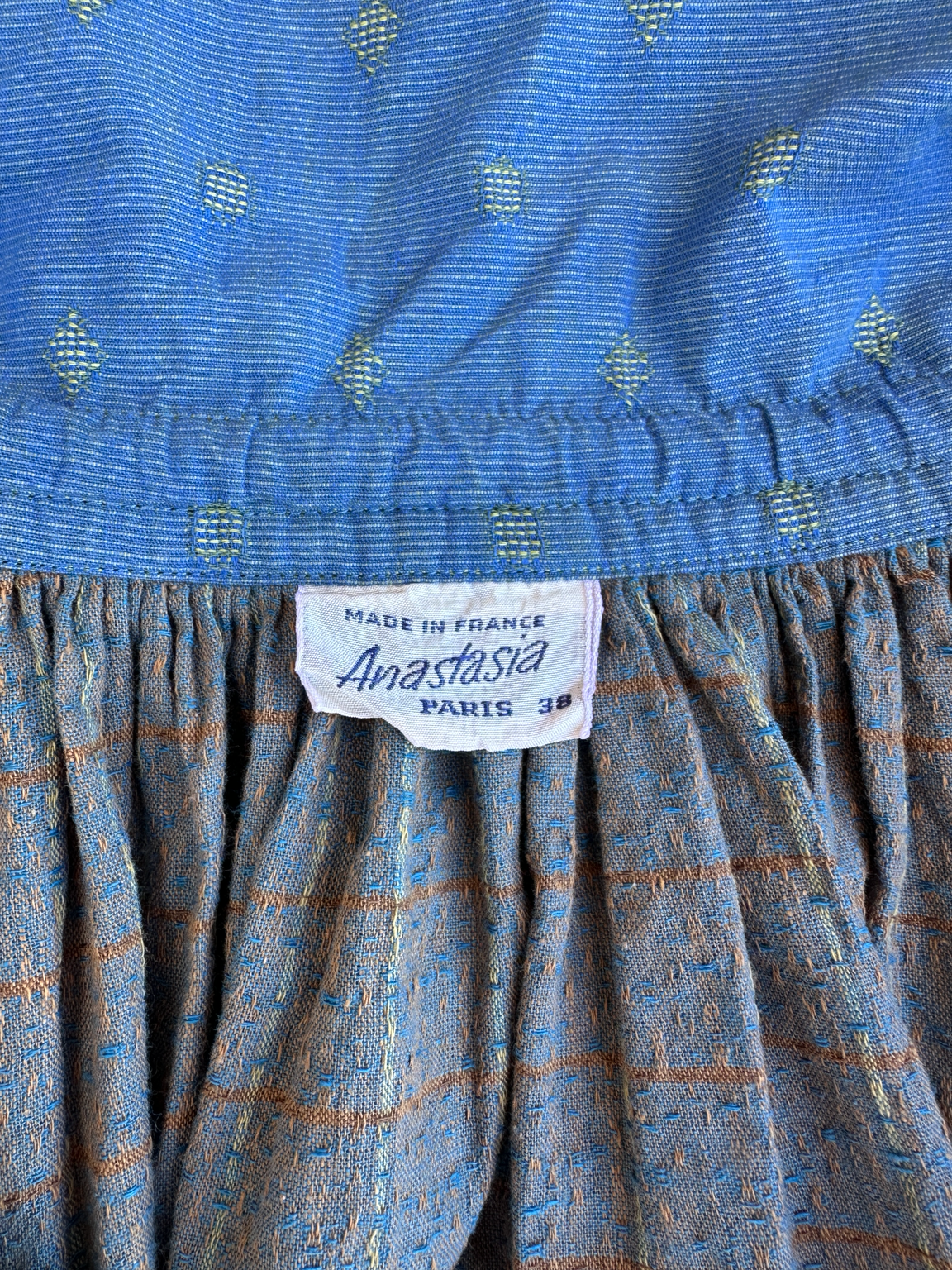 Jupe longue Anastasia Paris vintage en coton texturé à carreaux bleu