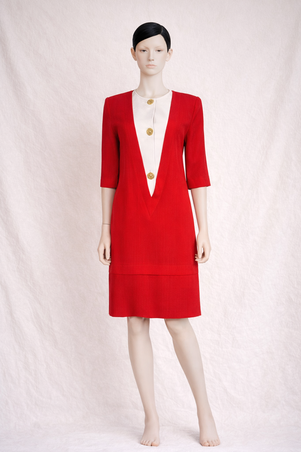Robe midi authentique Nina Ricci Paris rouge et écru en laine vintage