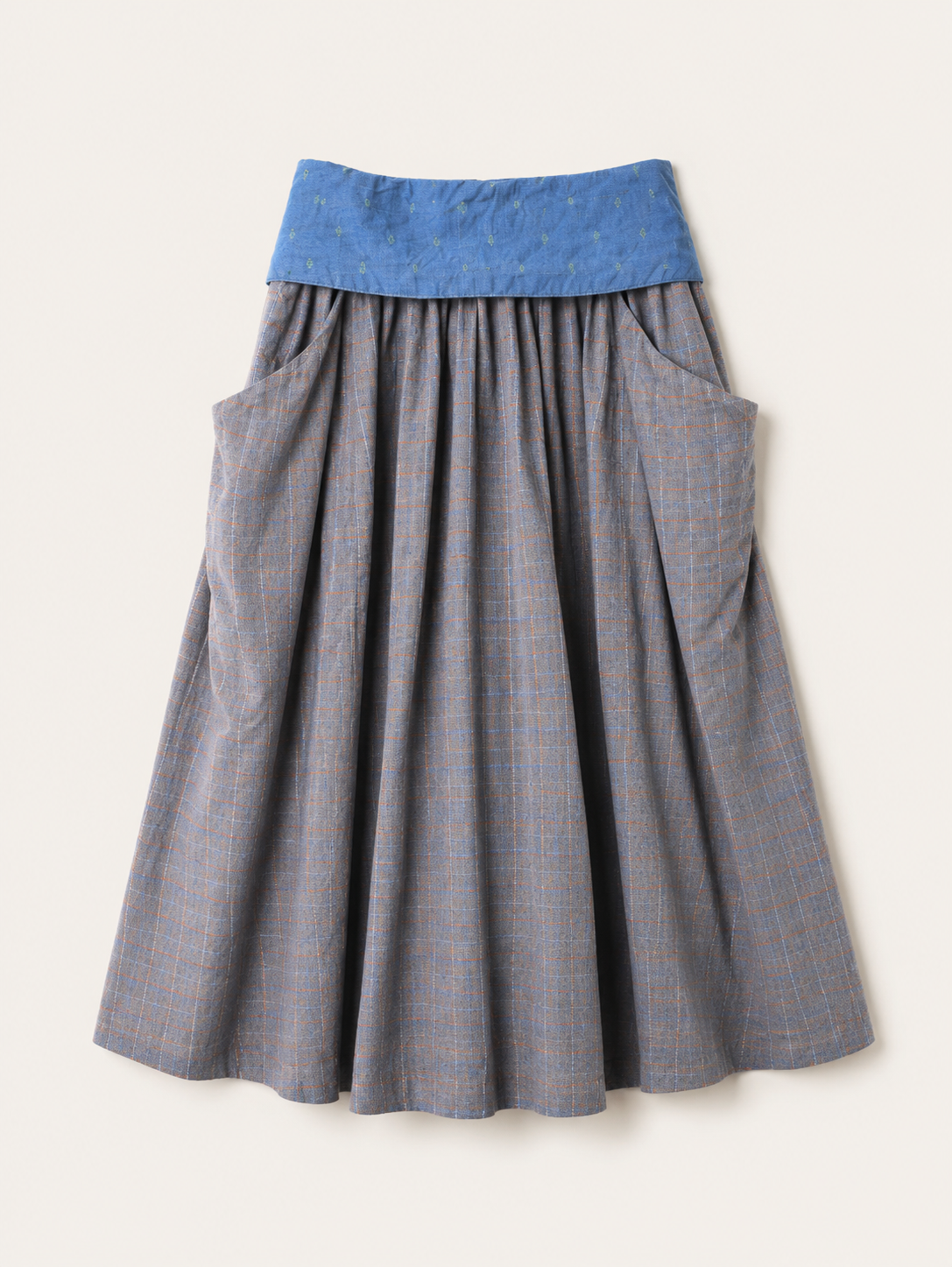 Jupe longue Anastasia Paris vintage en coton texturé à carreaux bleu