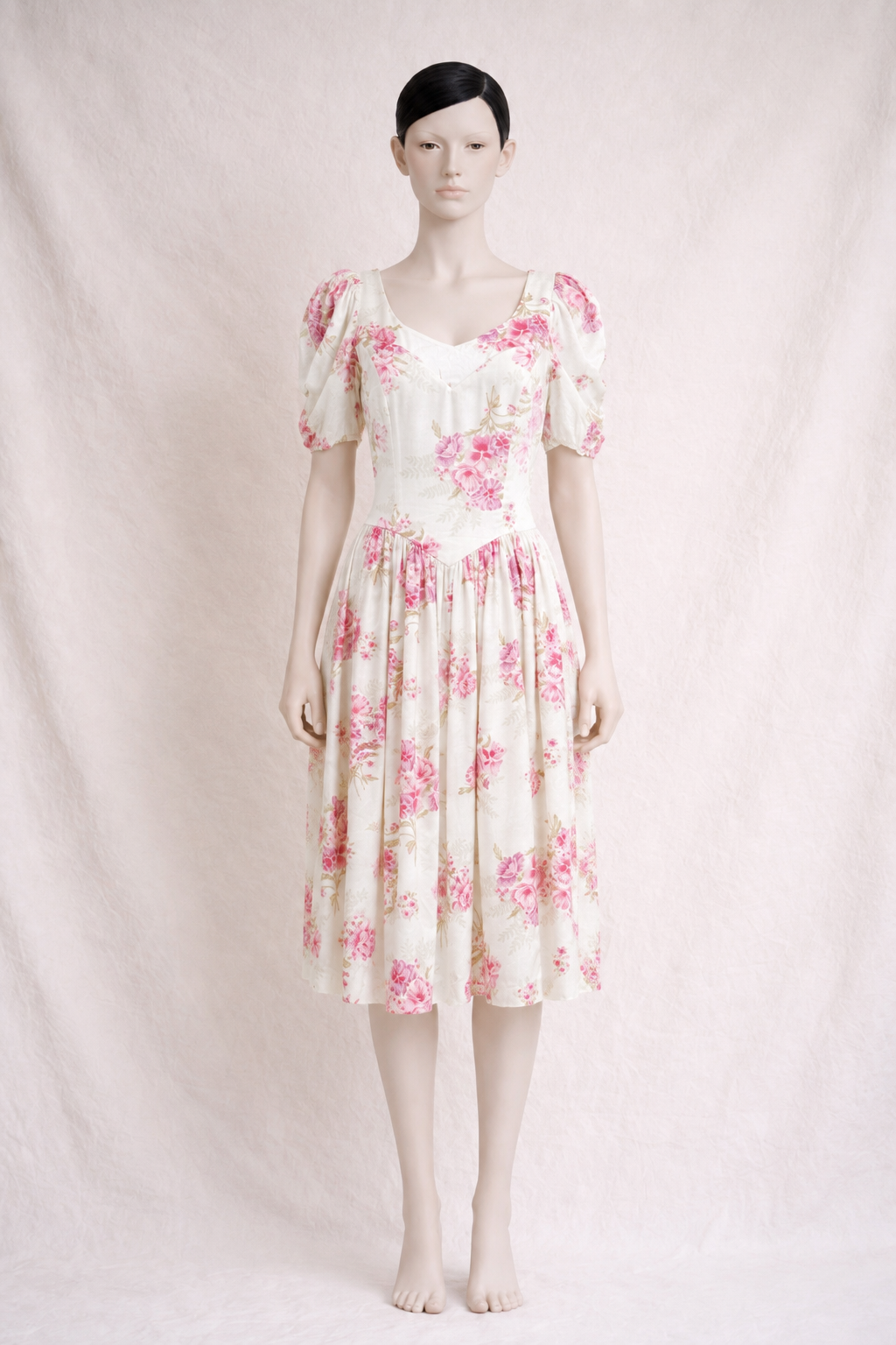 Robe d'été Laura Ashley vintage en coton à imprimé floral romantique rose crème