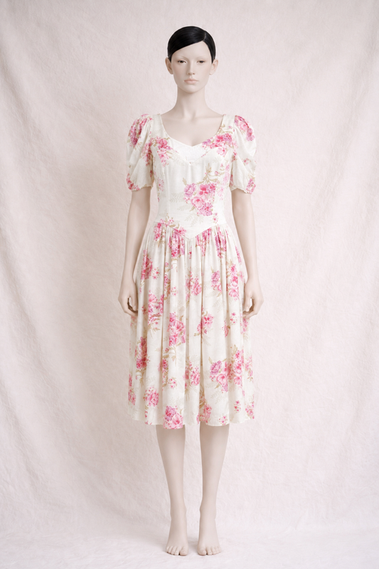 Robe d'été Laura Ashley vintage en coton à imprimé floral romantique rose crème