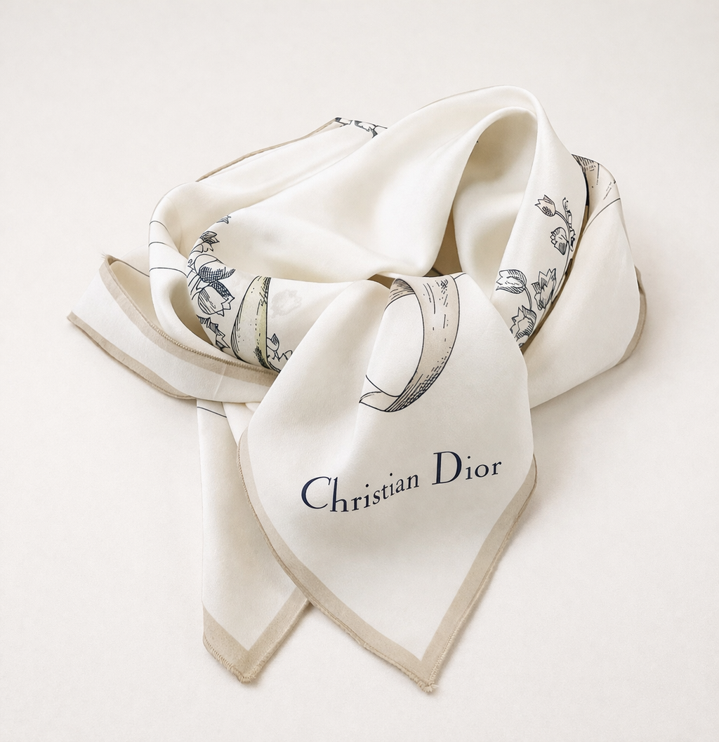 Carré Christian Dior en soie de crêpe ecru transparent vintage authentique