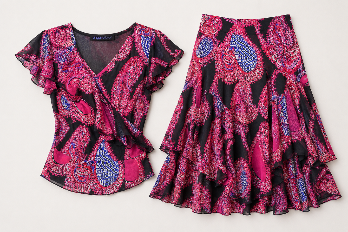 Ensemble blouse et jupe en soie fuchsia Ungaro Fever