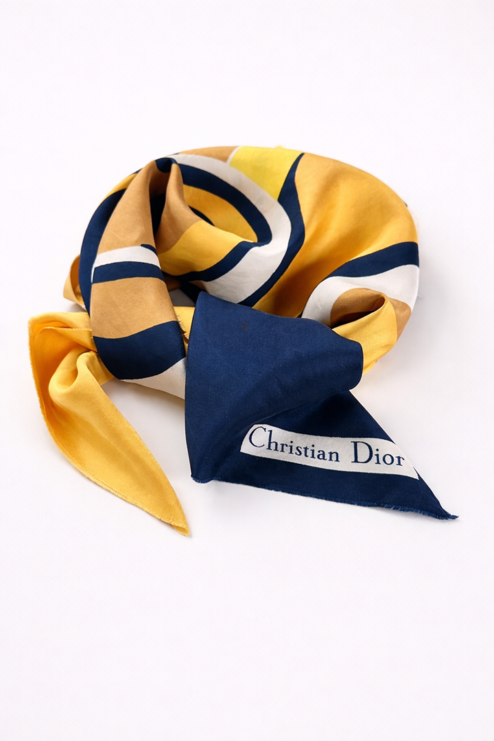Grand carré en soie jaune et bleu Christian Dior vintage