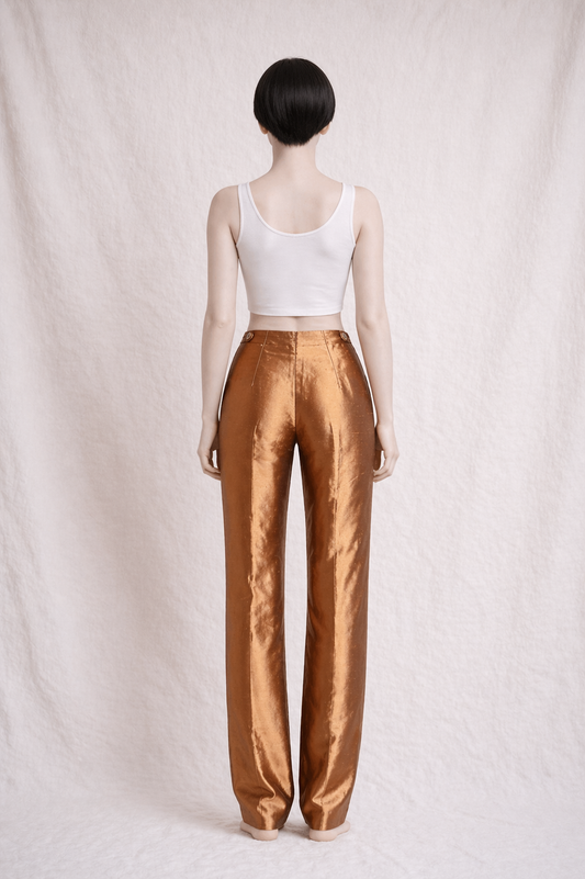 Pantalon Gianfranco Ferré en soie sauvage cuivrée neuve IT 44