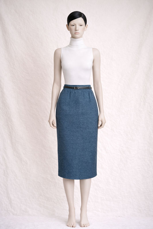 Chloé – Jupe crayon en laine bleu chiné avec ceinture vintage authentique