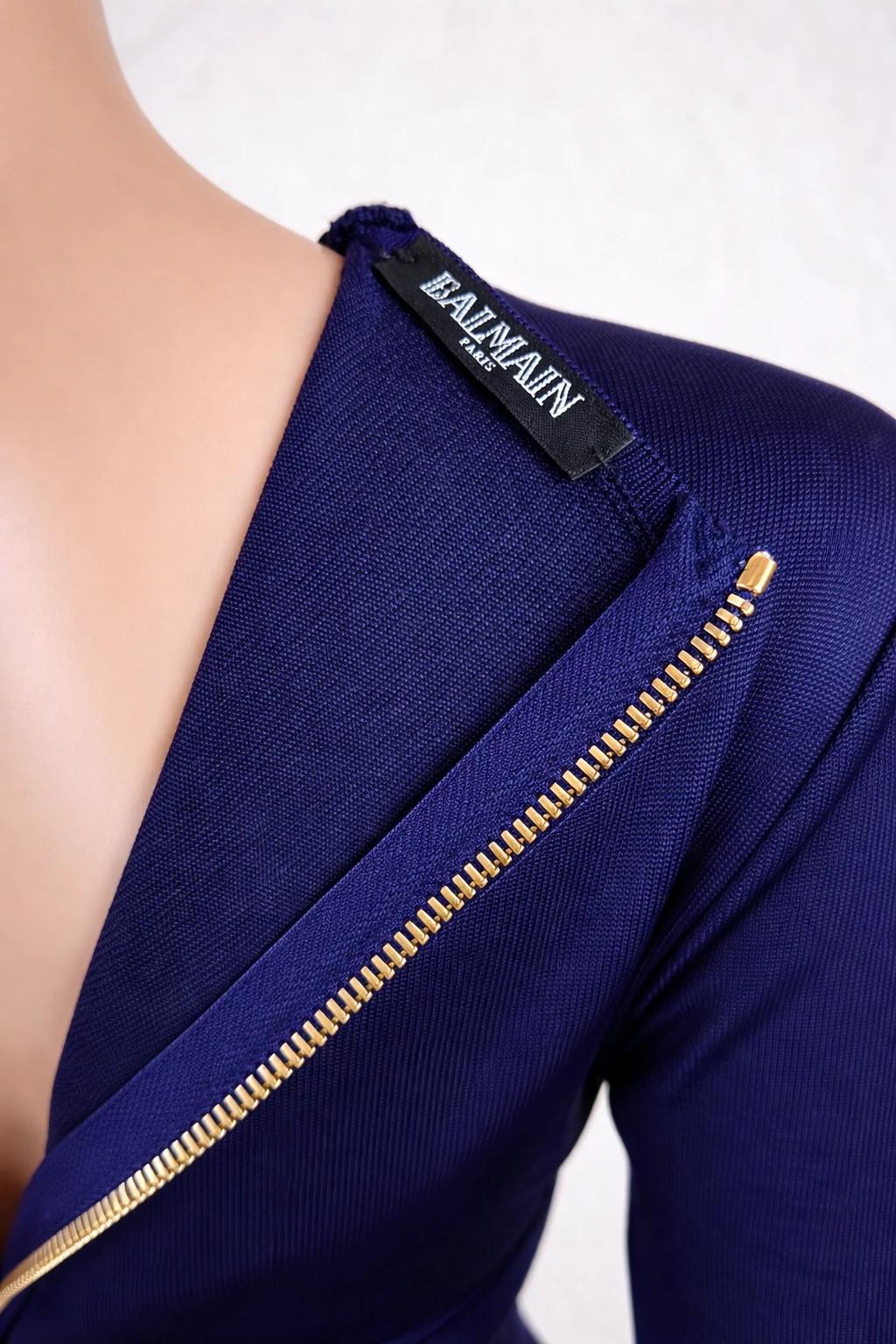 Combinaison longue authentique Balmain en maille côtelée violet marine