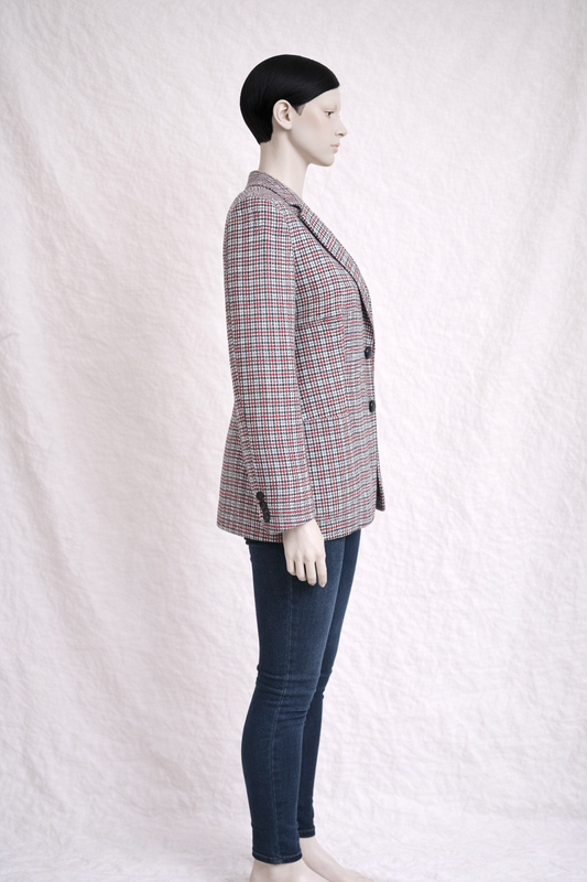 Authentic Burberrys blazer in virgin wool, grey and red tartan pattern