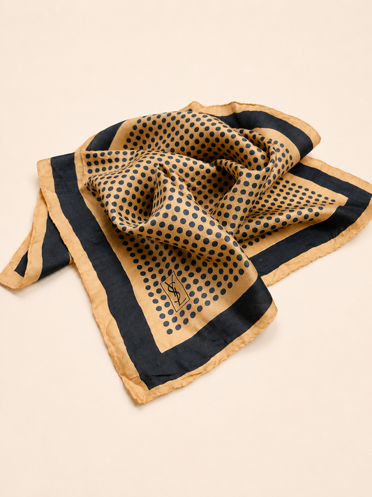 Authentic Yves Saint Laurent Silk Scarf in Beige with Blue Polka Dots Vintage