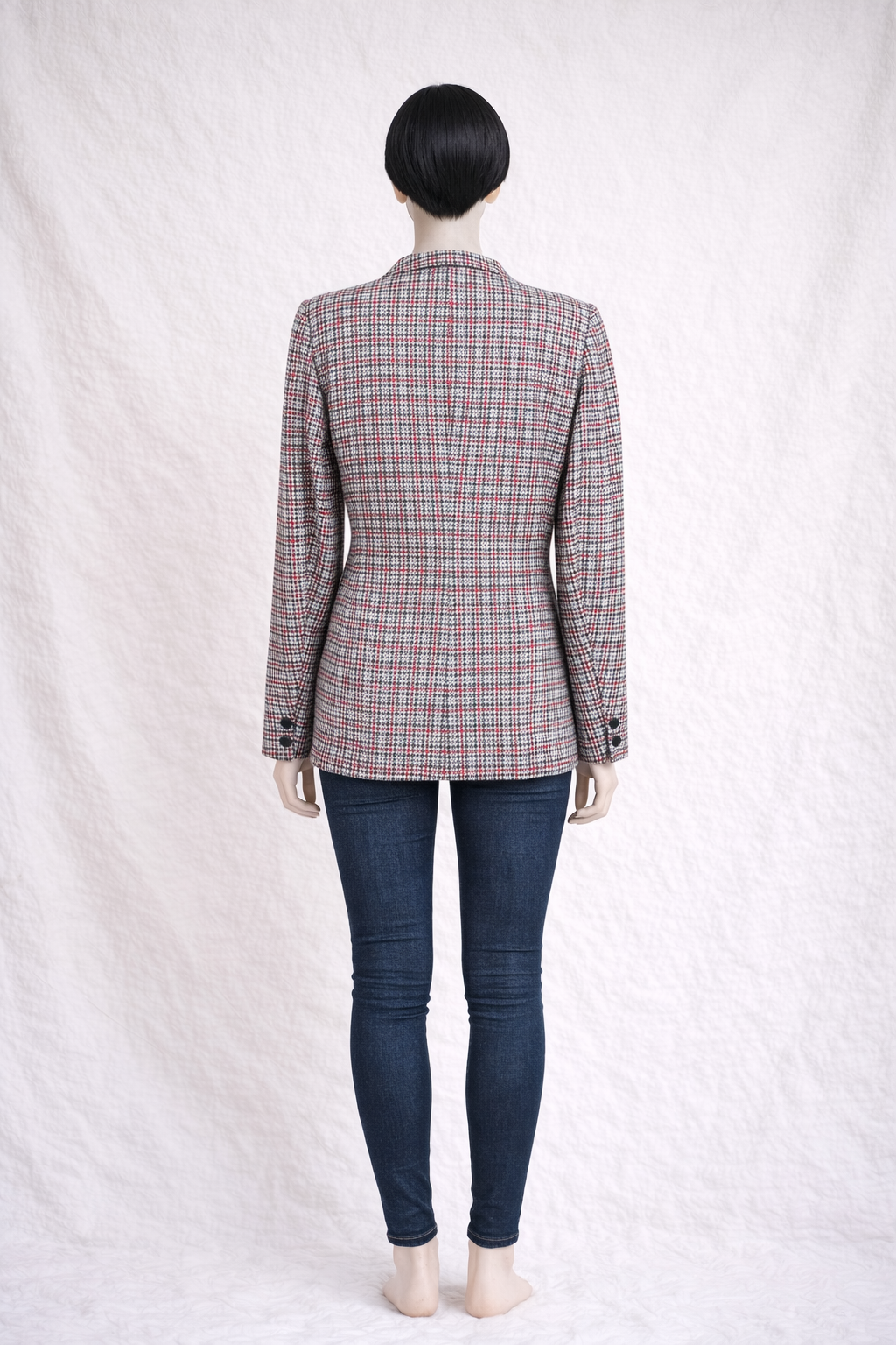 Blazer Burberrys authentique en laine vierge, motif tartan gris et rouge