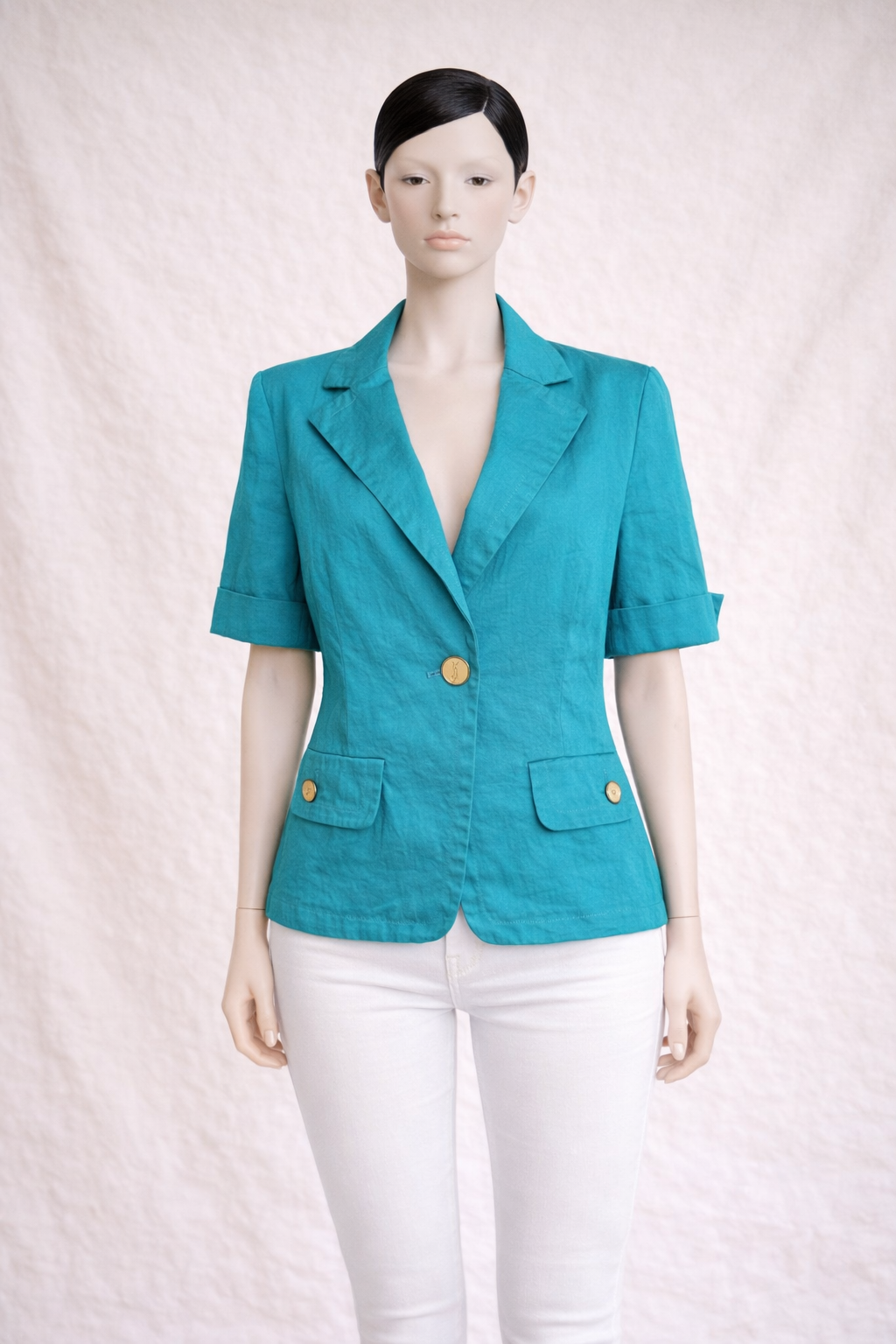 Blazer en coton turquoise manches courts Yves Saint Laurent vintage authentique