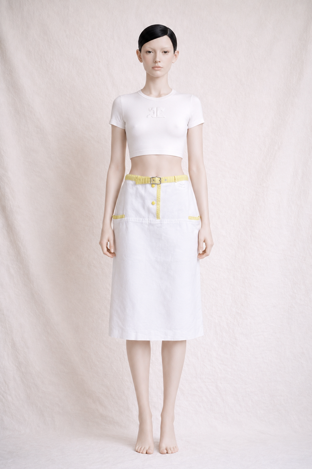 Authentique jupe Courrèges Paris vintage en coton texturé blanc
