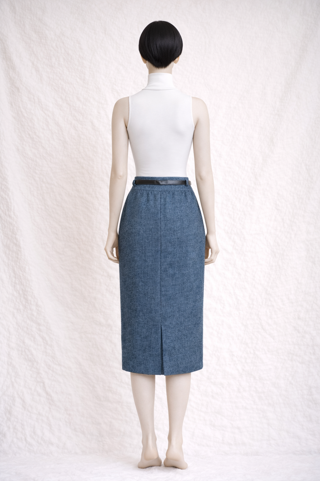 Chloé – Jupe crayon en laine bleu chiné avec ceinture vintage authentique
