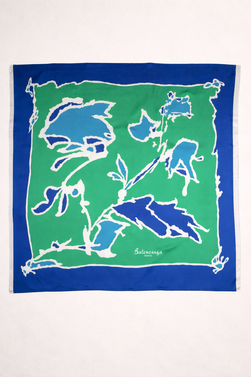 Carré en soie Balenciaga bleu vert motif floral abstrait vintage authentique