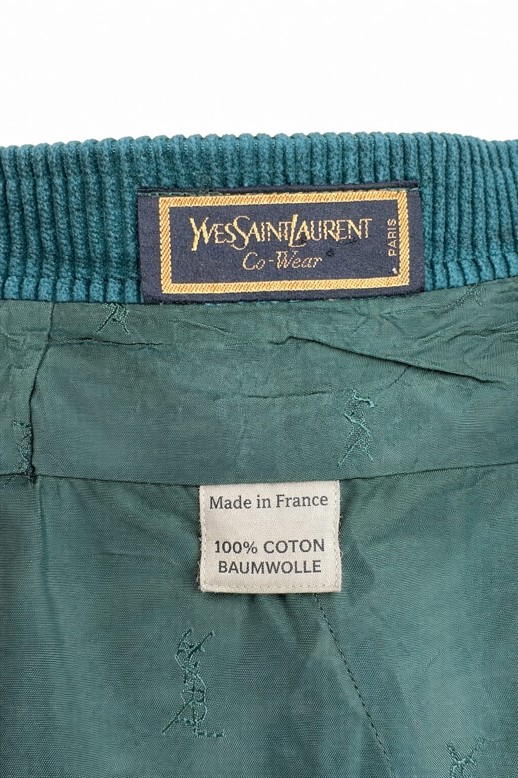 Jupe portefeuille en velours côtelé émeraude Yves Sainte Laurent vintage