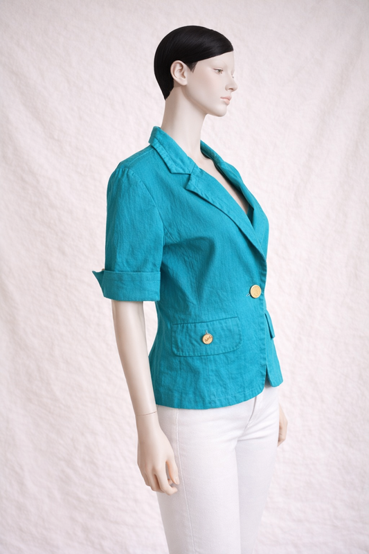 Blazer en coton turquoise manches courts Yves Saint Laurent vintage authentique