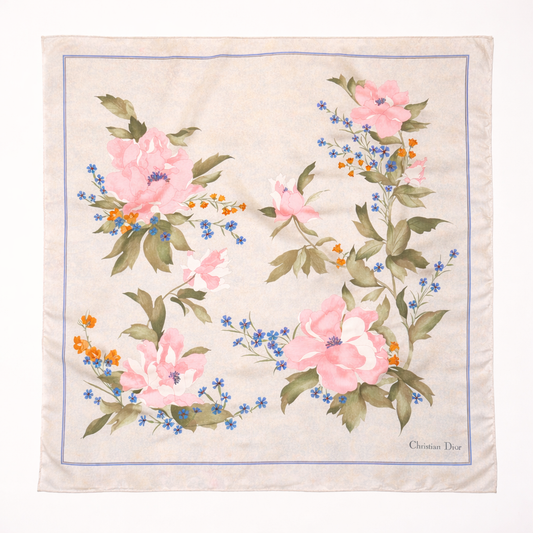 Carré Christian Dior en soie de crêpe motif floral vintage authentique