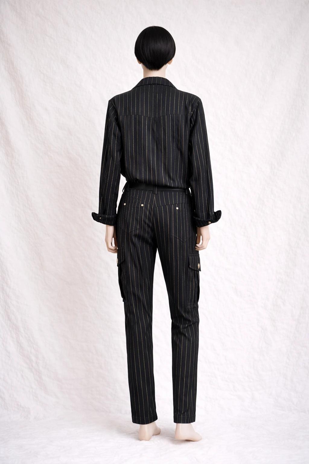 Combinaison de défilé authentique Balmain en denim noir à rayures dorées