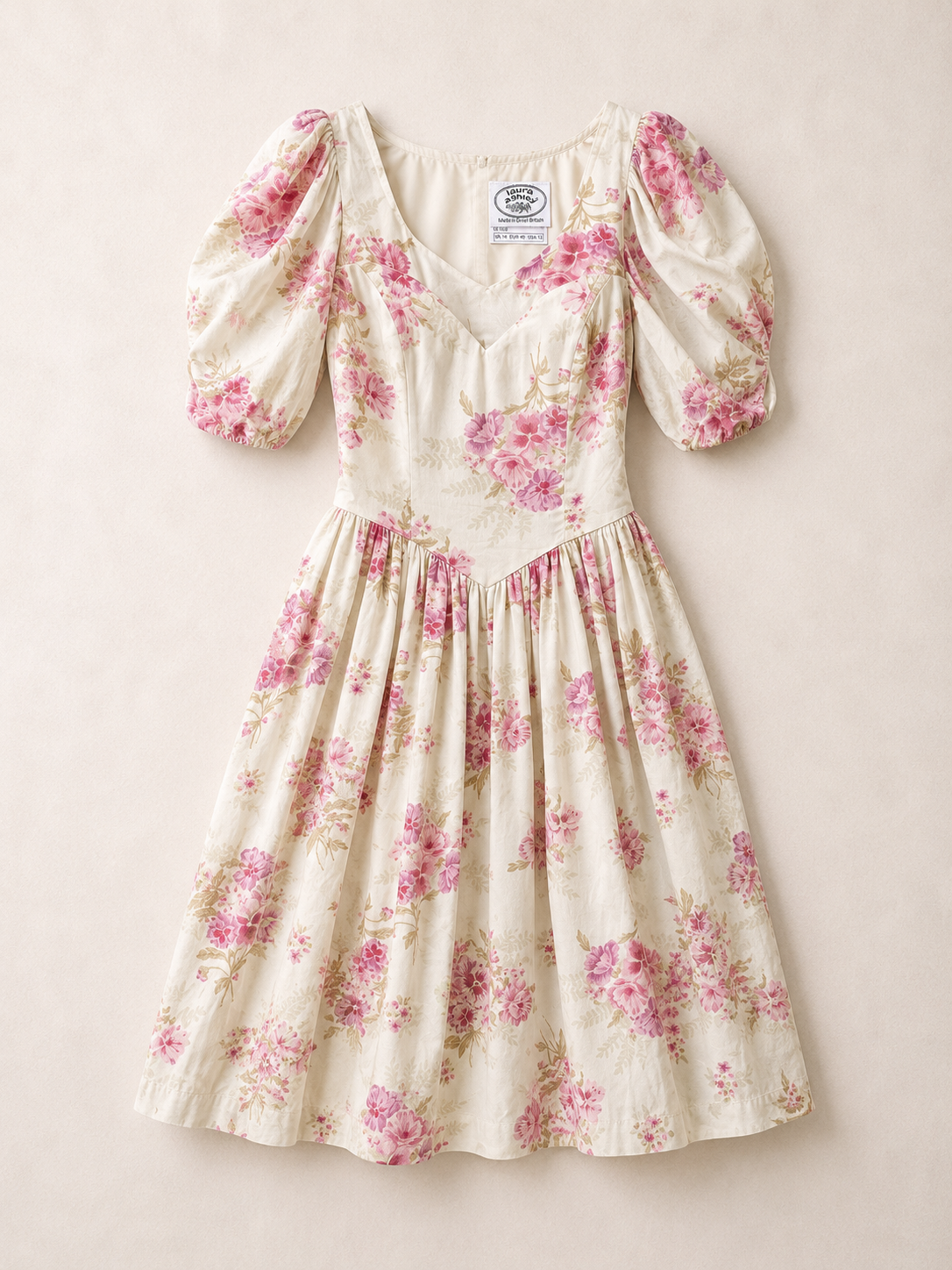 Robe d'été Laura Ashley vintage en coton à imprimé floral romantique rose crème