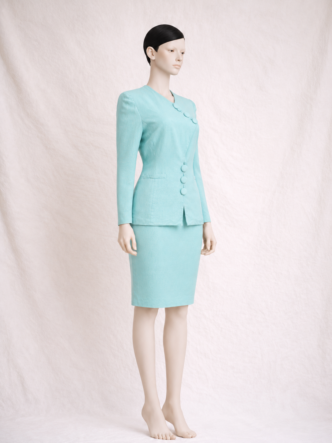 Tailleur jupe en lin turquoise Emmanuelle Khanh Paris vintage
