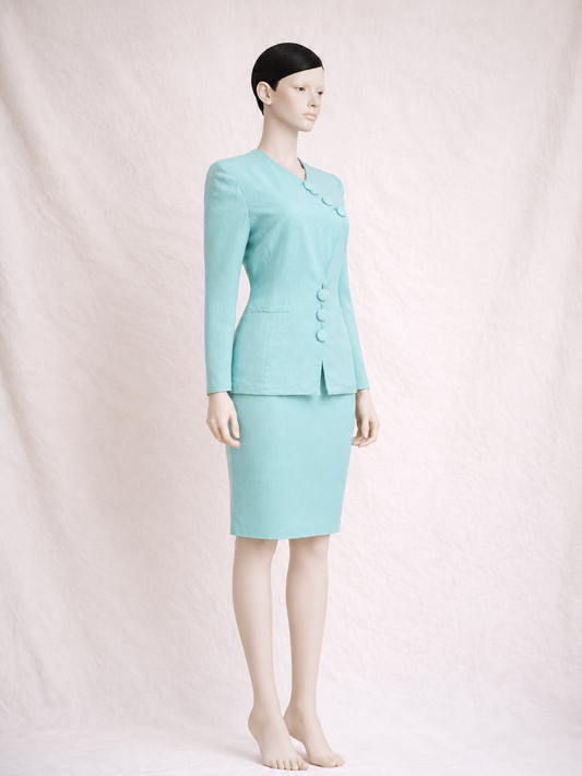 Tailleur jupe en lin turquoise Emmanuelle Khanh Paris vintage