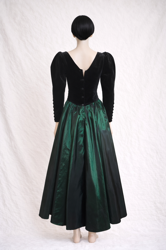 Long black and green Laura Ashley velvet dress with iridescent satin skirt vintage
