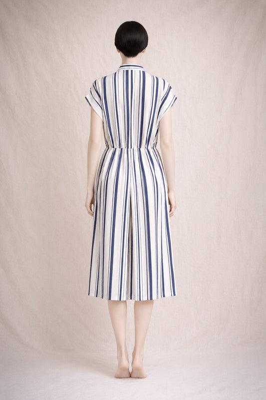 Authentic Louis Féraud Paris striped silk dress in navy blue and cream