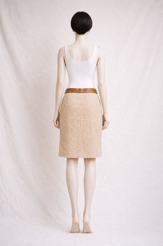 Authentic cotton skirt by Paco Rabanne with vintage beige leather belt