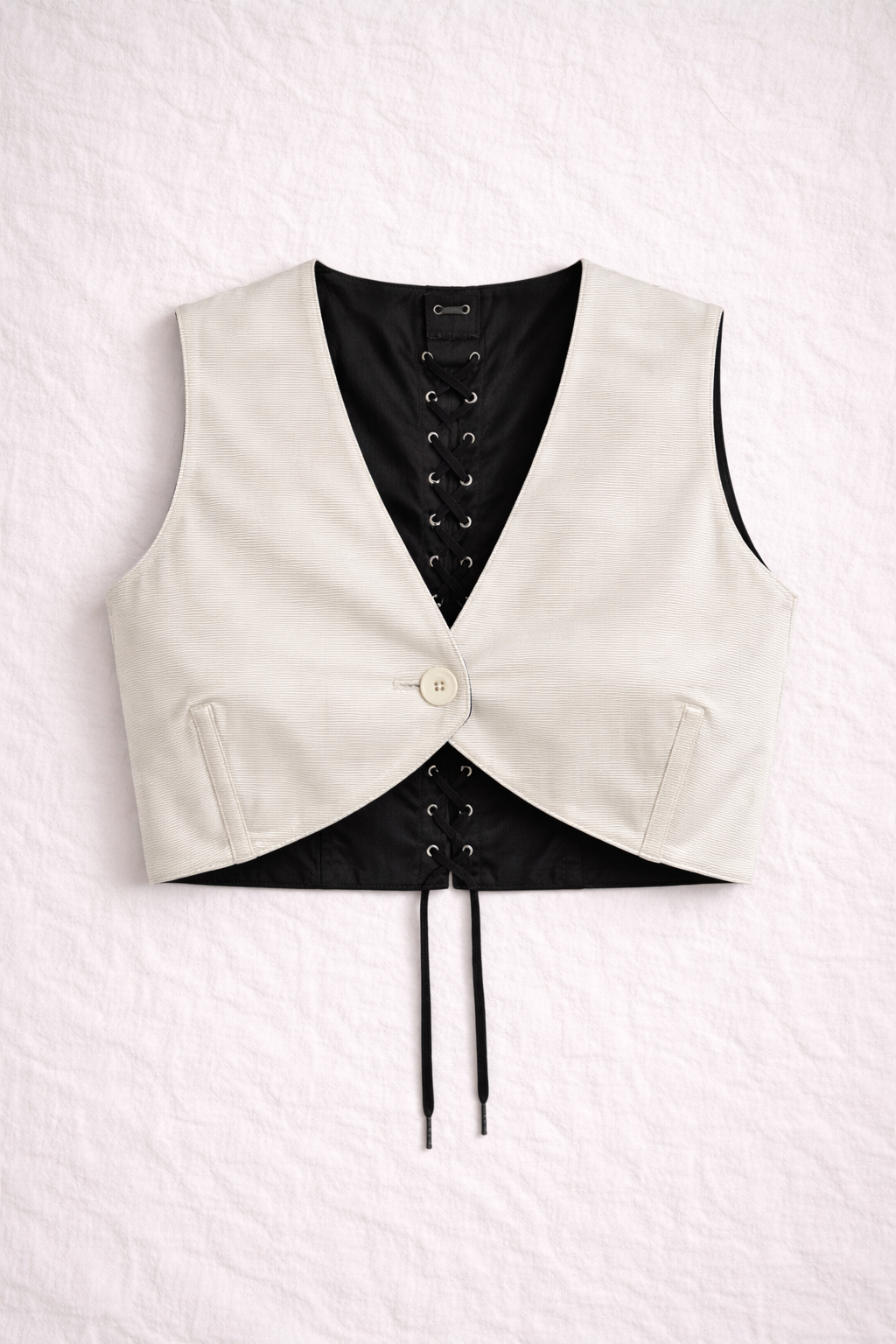 Jean Paul Gaultier Femme – Gilet crop bicolore à laçage dos vintage authentique iconique