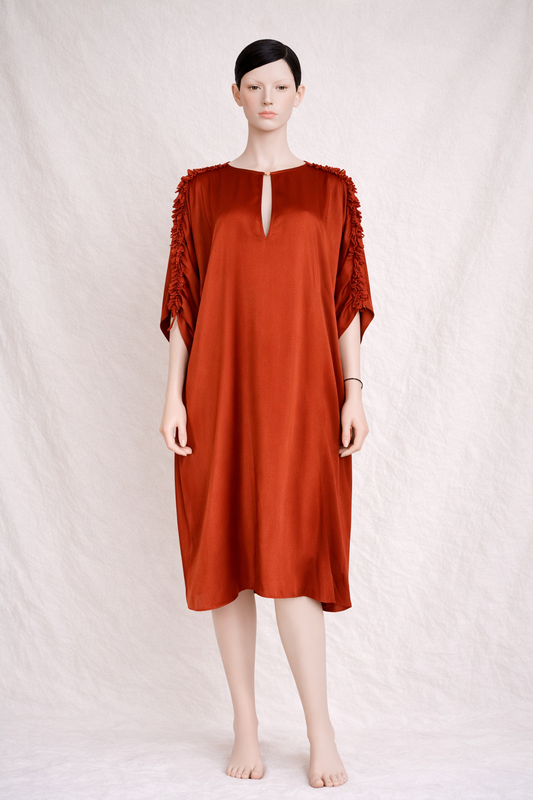 Fluid terracotta dress with gathered sleeves Maison Rabih Kayrouz