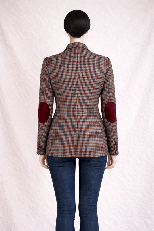 Authentic Burberrys checked wool blazer with burgundy elbow patches