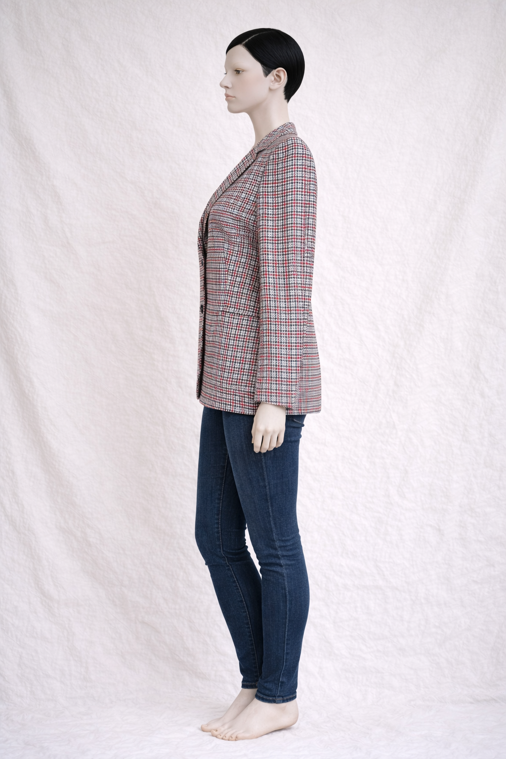 Blazer Burberrys authentique en laine vierge, motif tartan gris et rouge