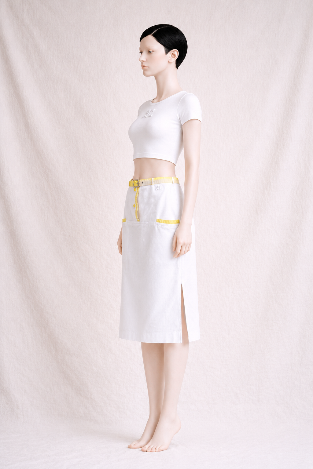 Authentique jupe Courrèges Paris vintage en coton texturé blanc