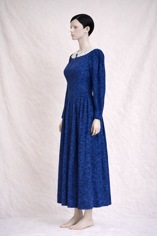 Vintage blue corduroy dress by Laura Ashley with lace collar