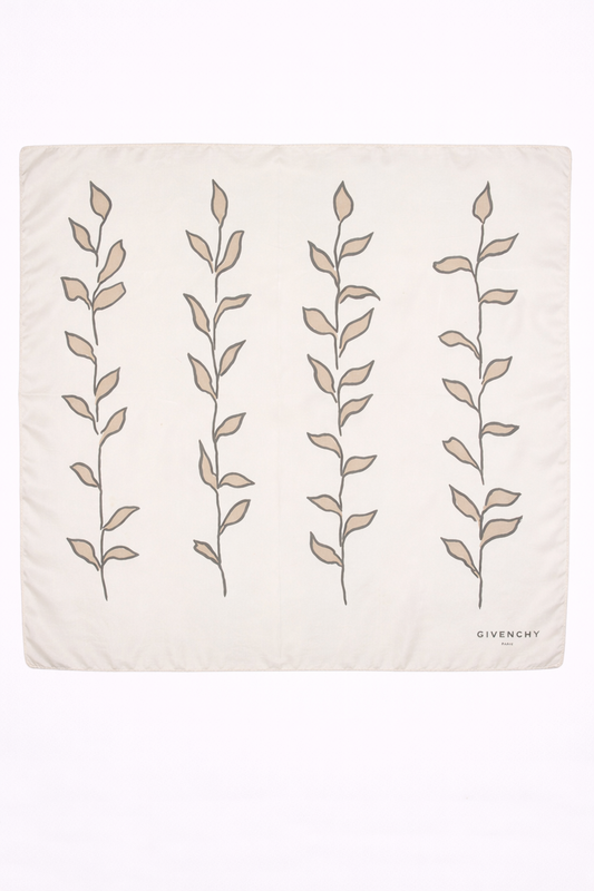 Carré en soie Givenchy ivoire motif végétal minimaliste feuilles vintage authentique