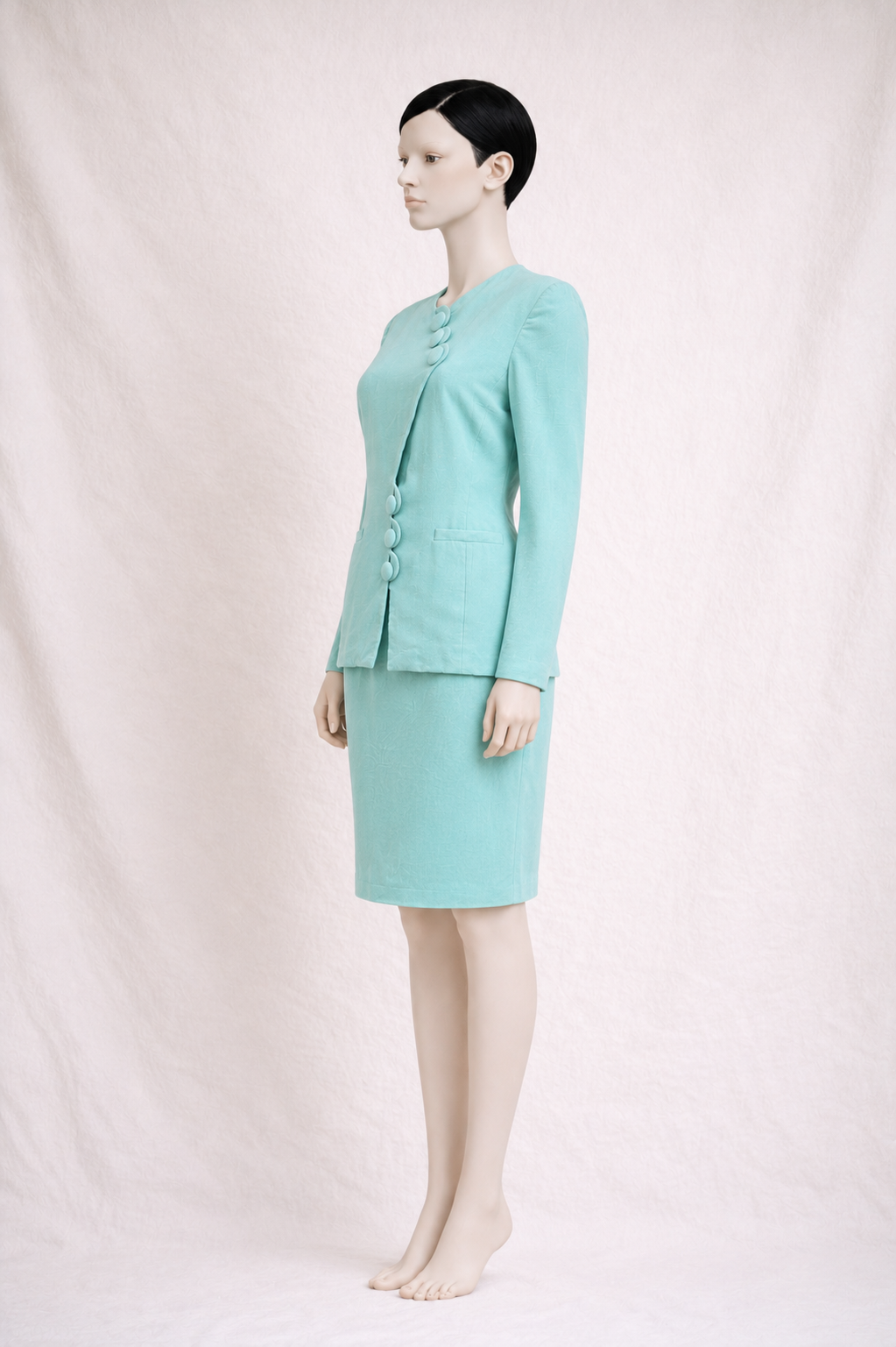 Tailleur jupe en lin turquoise Emmanuelle Khanh Paris vintage