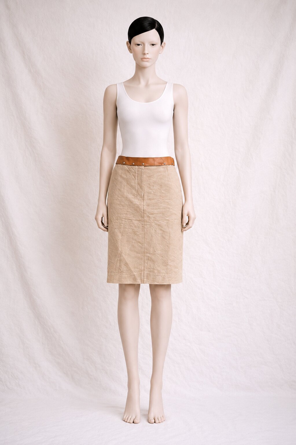Jupe en coton authentique Paco Rabanne avec ceinture en cuir vintage beige