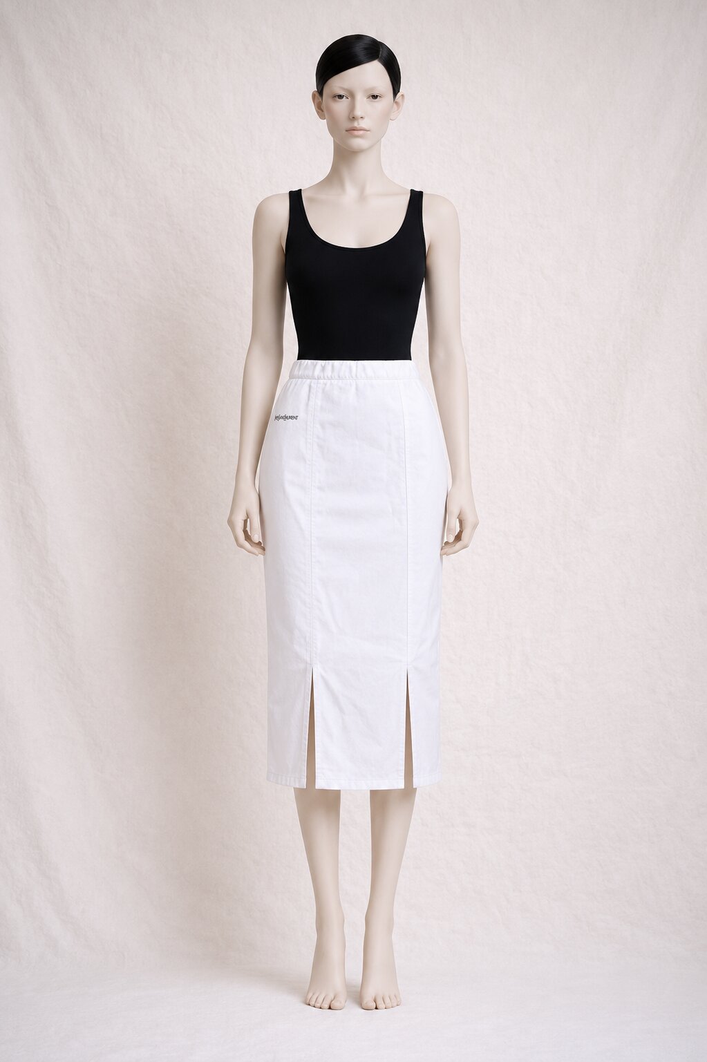 Authentic Vintage White Cotton Denim Midi Skirt Yves Saint Laurent