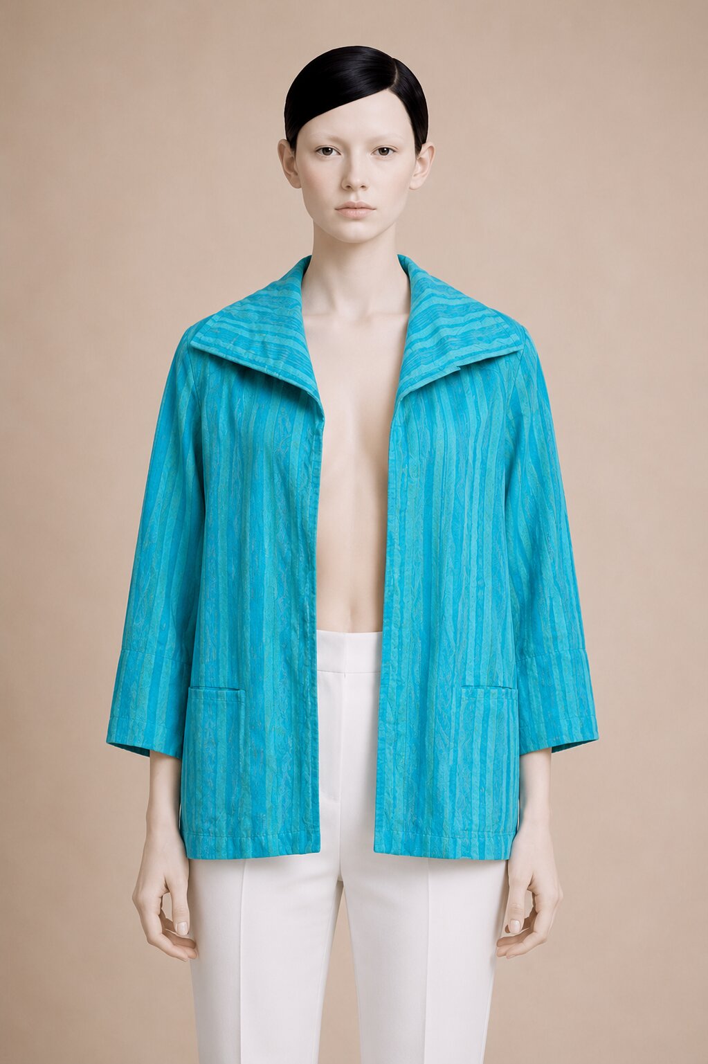 Veste légère vintage authentique Lanvin Paris en coton jacquard turquoise
