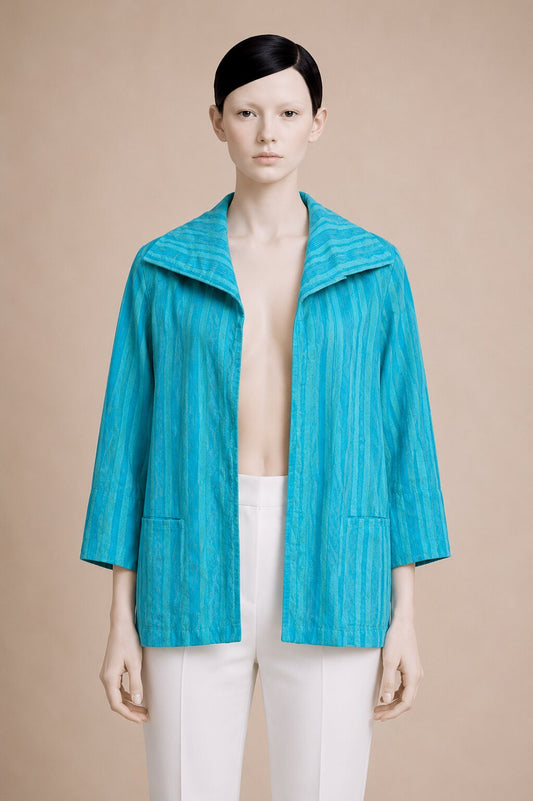Authentic vintage lightweight Lanvin Paris jacket in turquoise jacquard cotton
