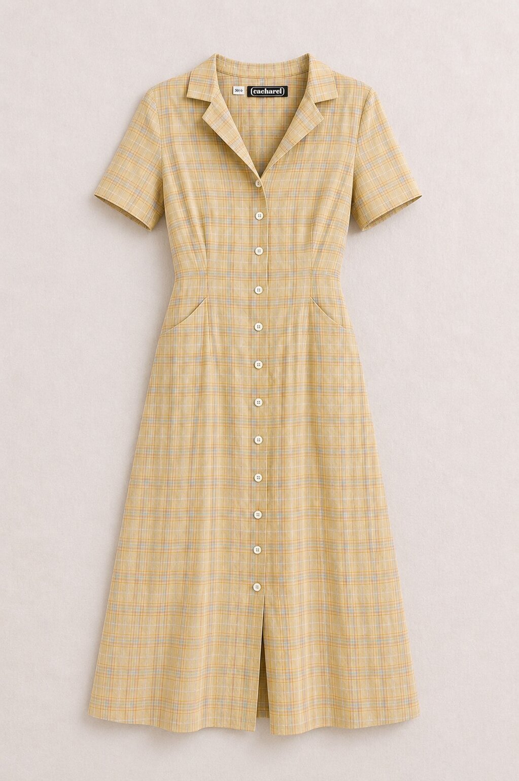 Authentique robe Cacharel vintage en lin à carreaux beige
