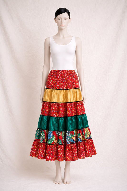 Authentic Red Patchwork Long Skirt Chacok Paris Vintage